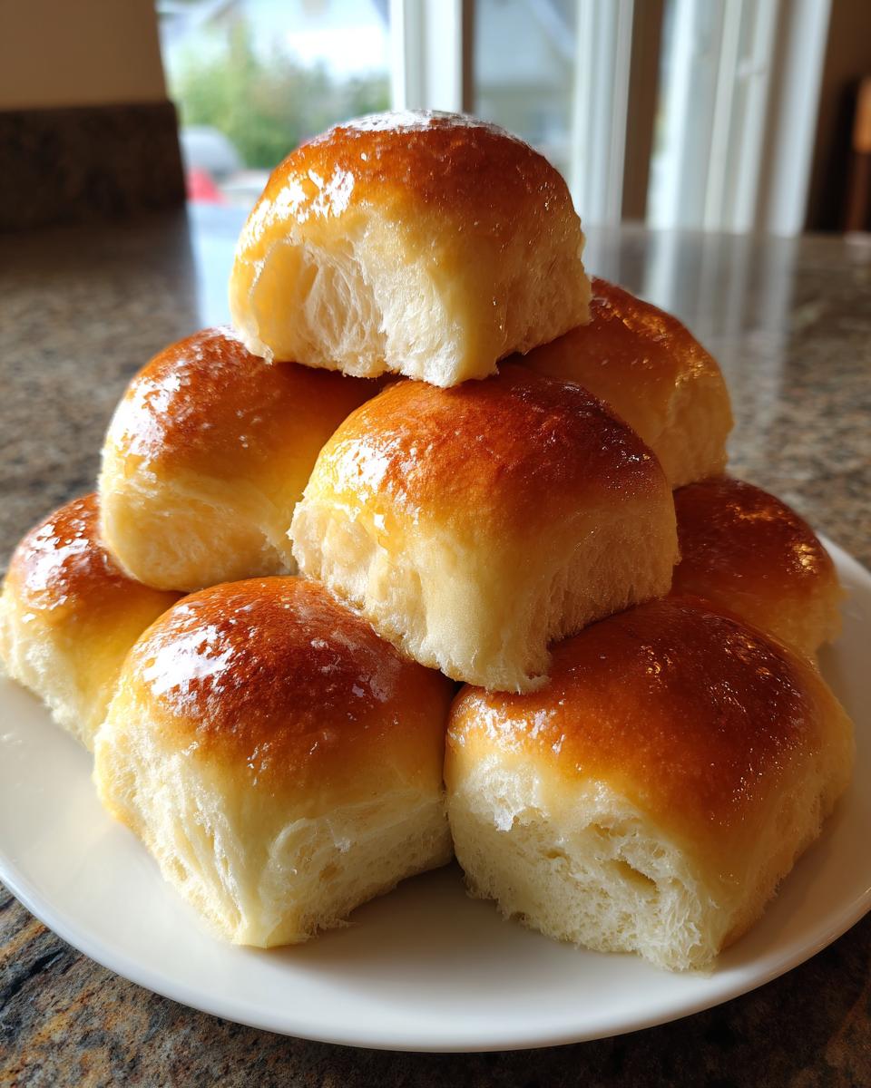 A stack of fluffy, golden-brown sourdough discard rolls glistening with butter on a white plate.