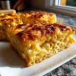 A close-up of a thick, cheesy slice of southern baked macaroni and cheese with a golden-brown crust.