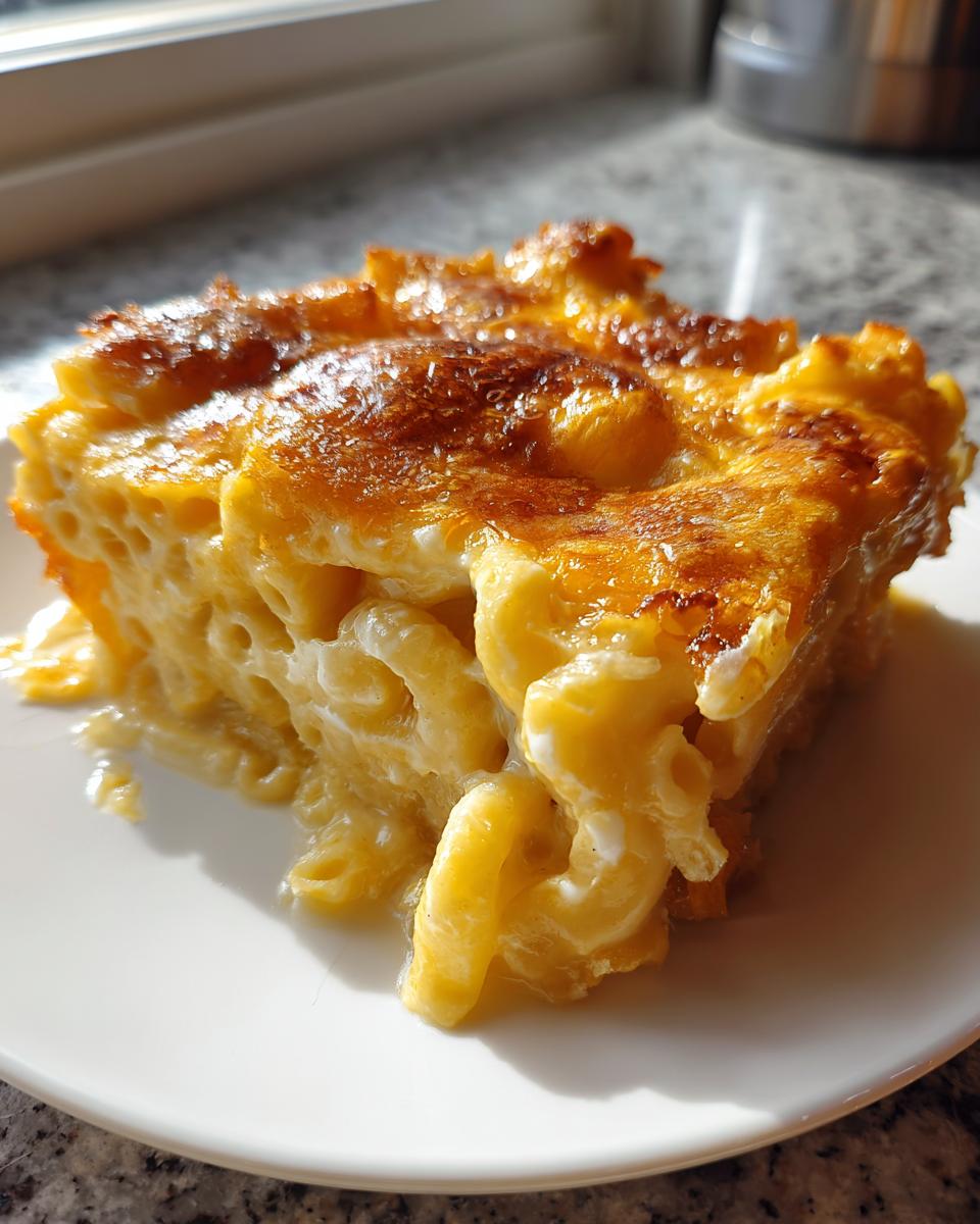 A close-up of a creamy, baked slice of southern baked macaroni and cheese with a golden-brown crust.