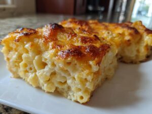 Close-up of a square slice of rich, creamy southern baked macaroni and cheese with a golden-brown, bubbly crust.