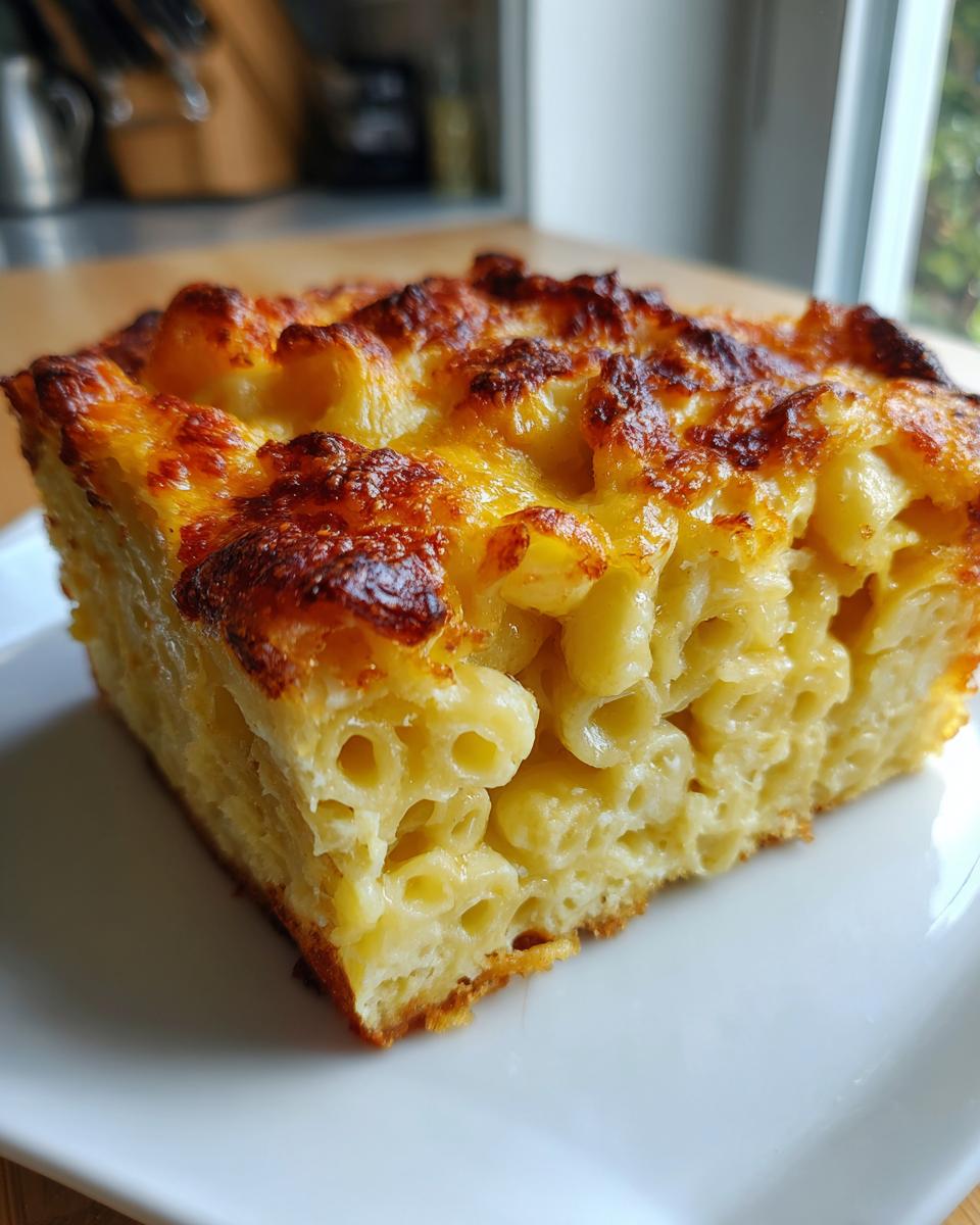 A square slice of creamy southern baked macaroni and cheese with a golden-brown, bubbly cheese crust.
