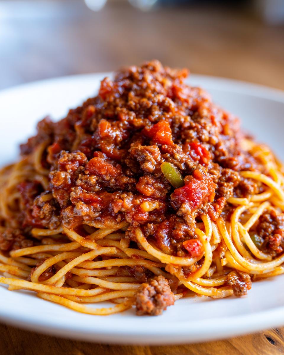 Close-up of spaghetti noodles generously topped with rich, meaty bolognese sauce on a white plate.