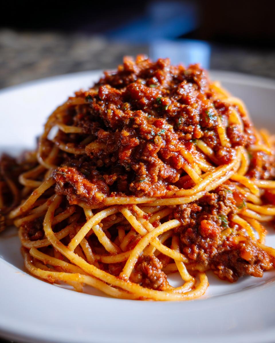 Close-up of spaghetti noodles generously topped with rich, thick bolognese sauce on a white plate.