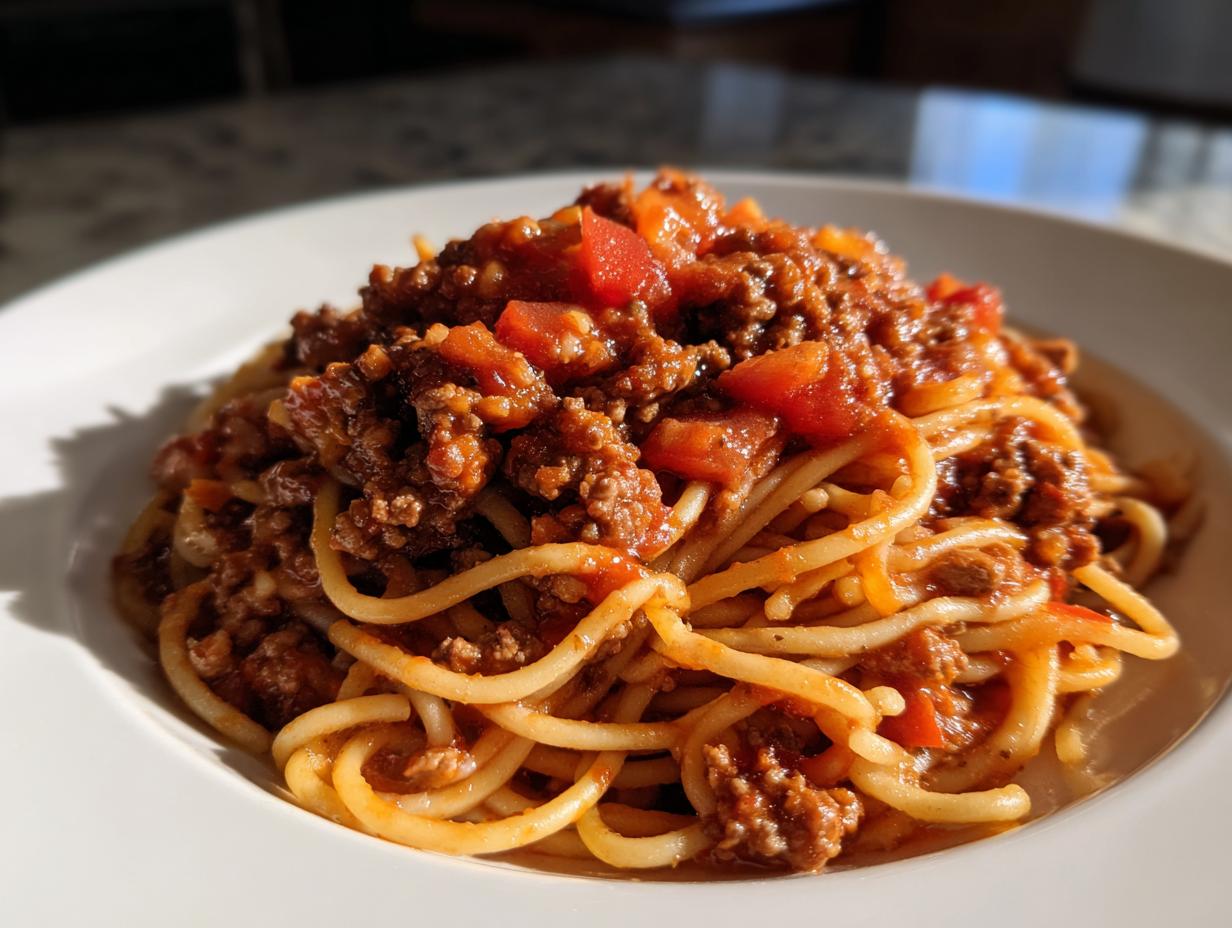 A close-up of spaghetti topped generously with rich, meaty bolognese sauce and chunks of tomato.