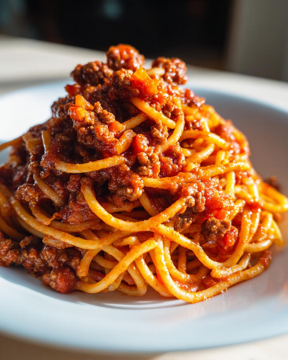 Close-up of spaghetti generously topped with rich, meaty bolognese sauce served on a white plate.