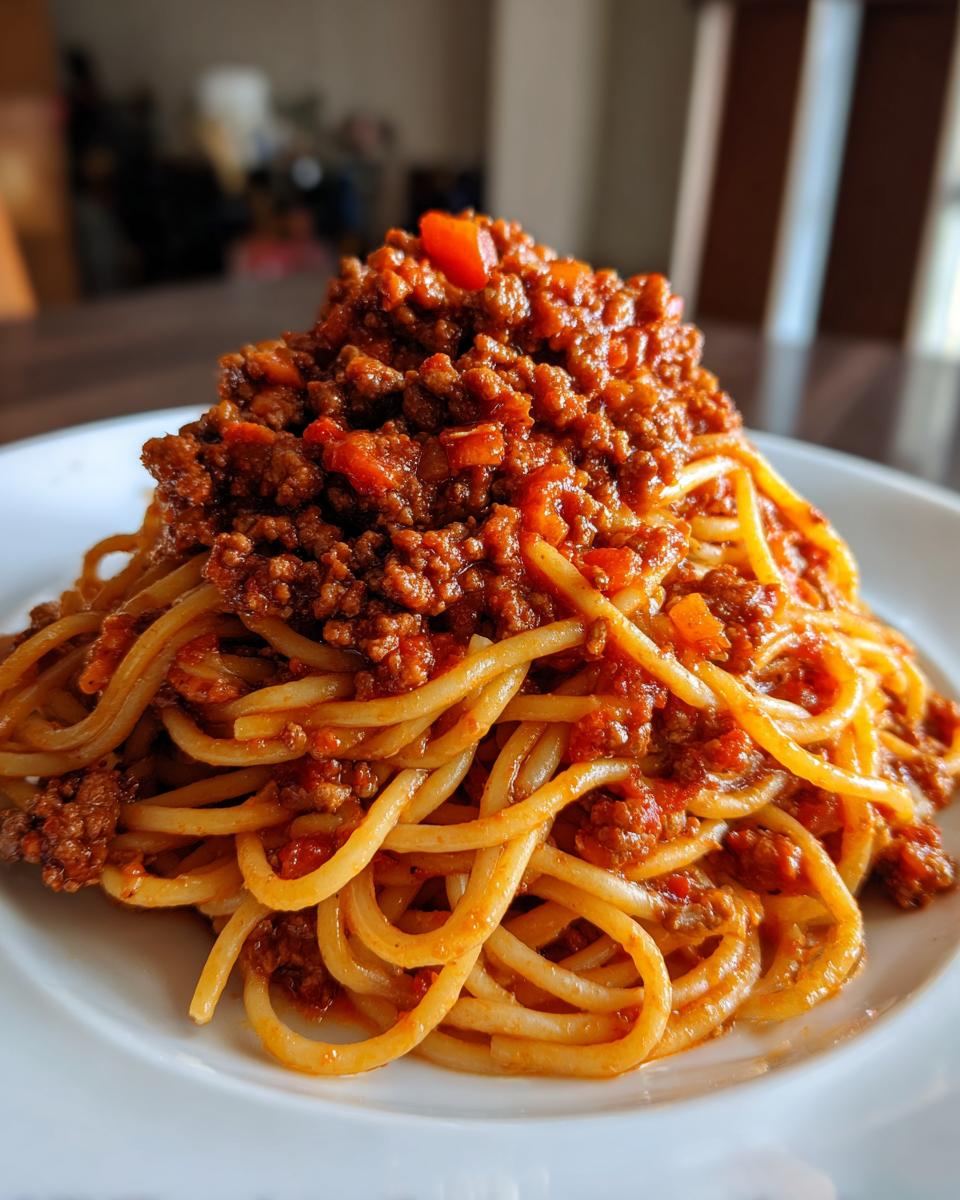 A generous serving of spaghetti topped high with rich, meaty bolognese sauce on a white plate.