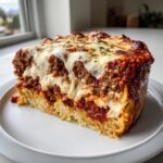 A thick, square slice of baked spaghetti pie layered with meat sauce and topped with gooey melted mozzarella cheese.