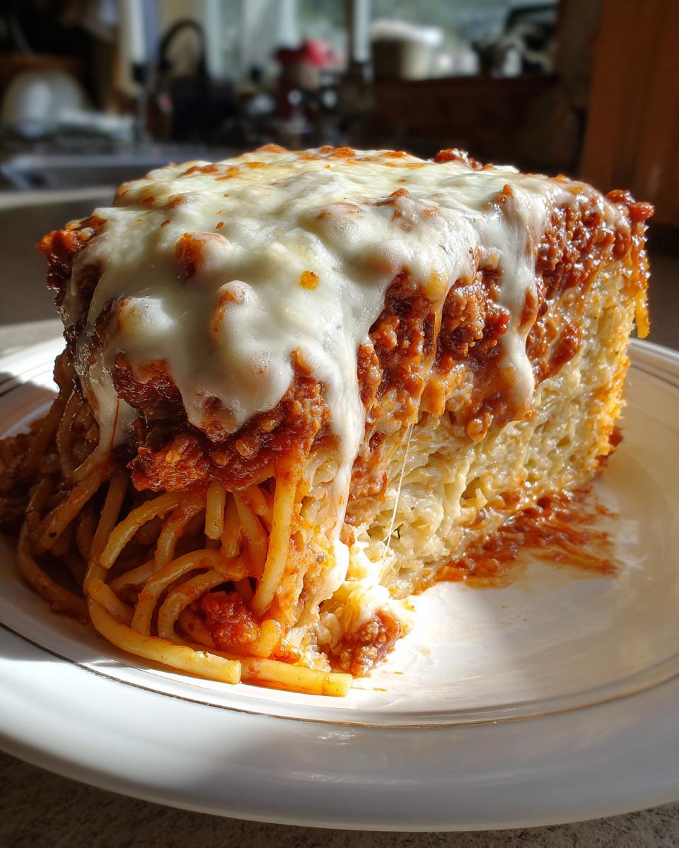 A thick slice of baked spaghetti pie topped with melted mozzarella and rich meat sauce.