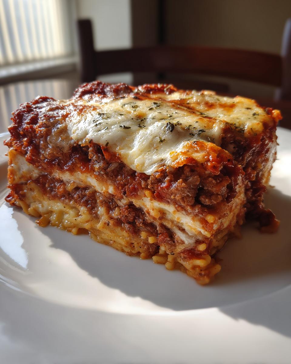 A thick, layered slice of spaghetti pie topped with melted cheese and herbs, sitting on a white plate.