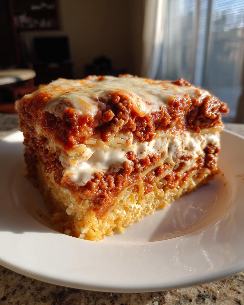 A thick, layered slice of cheesy spaghetti pie topped with meat sauce and melted mozzarella.