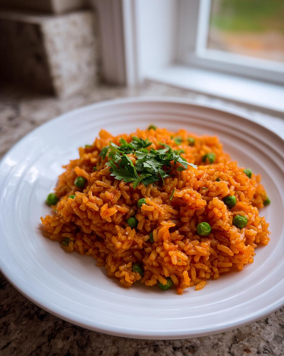 A close-up of a serving of vibrant orange Spanish rice mixed with green peas and topped with fresh cilantro.
