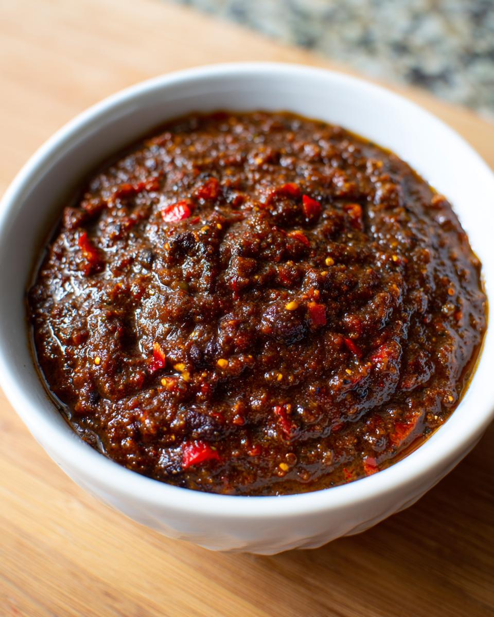 Close-up of a thick, dark, reddish-brown seasoning paste, likely made from blended black bean soup ingredients and chili flakes.