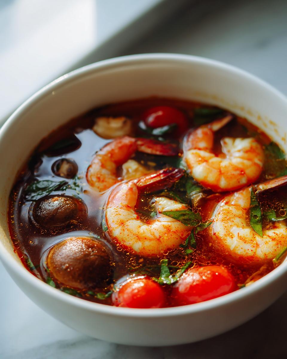 Close-up of a white bowl filled with vibrant red Tom Yum soup featuring large shrimp, mushrooms, and cherry tomatoes.