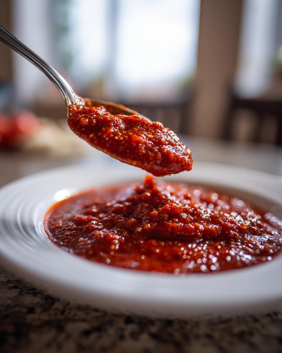 A spoonful of thick, vibrant red pizza sauce being lifted from a white bowl.