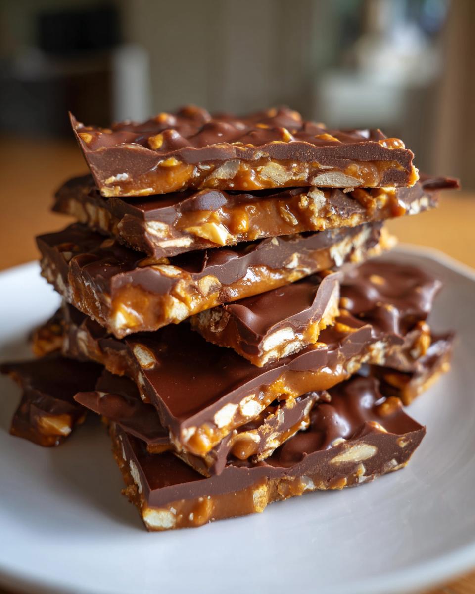 A stack of rich, layered peanut butter pretzel bark pieces showing chocolate, caramel, and crunchy pretzel bits.
