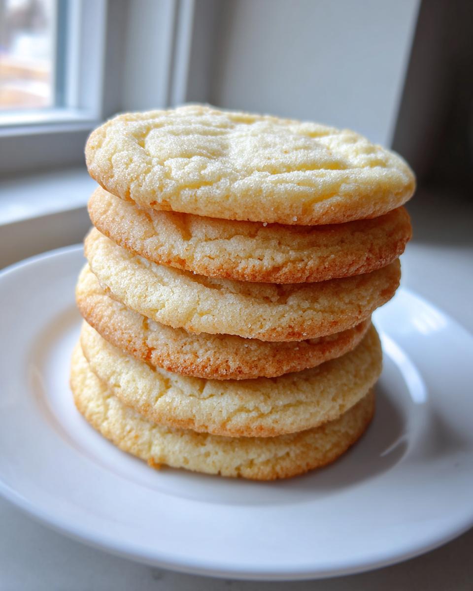 A vertical stack of five perfectly baked, soft sugar cookie rounds resting on a white plate near a window.