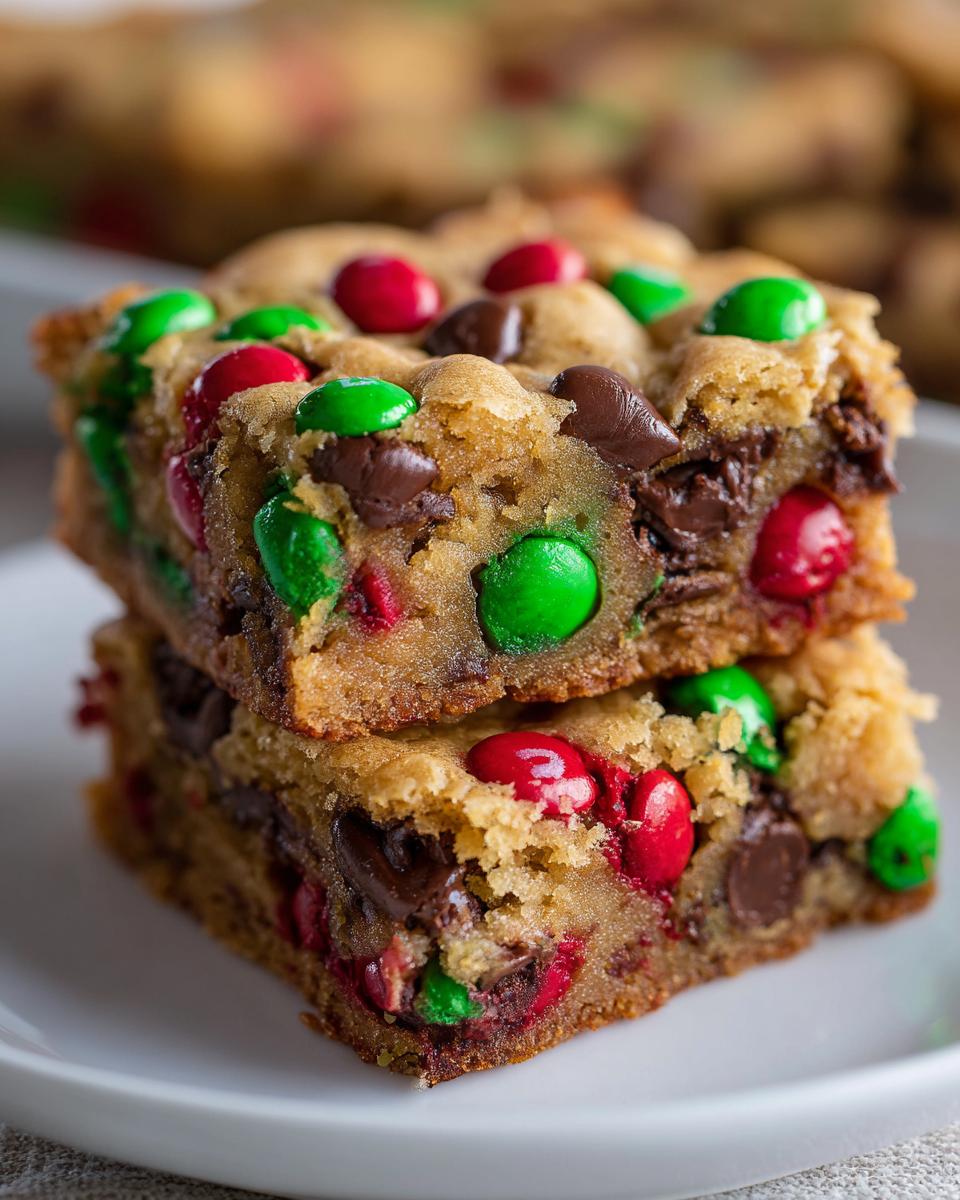 Two stacked, thick Christmas cookie bars loaded with chocolate chips and red and green M&Ms.