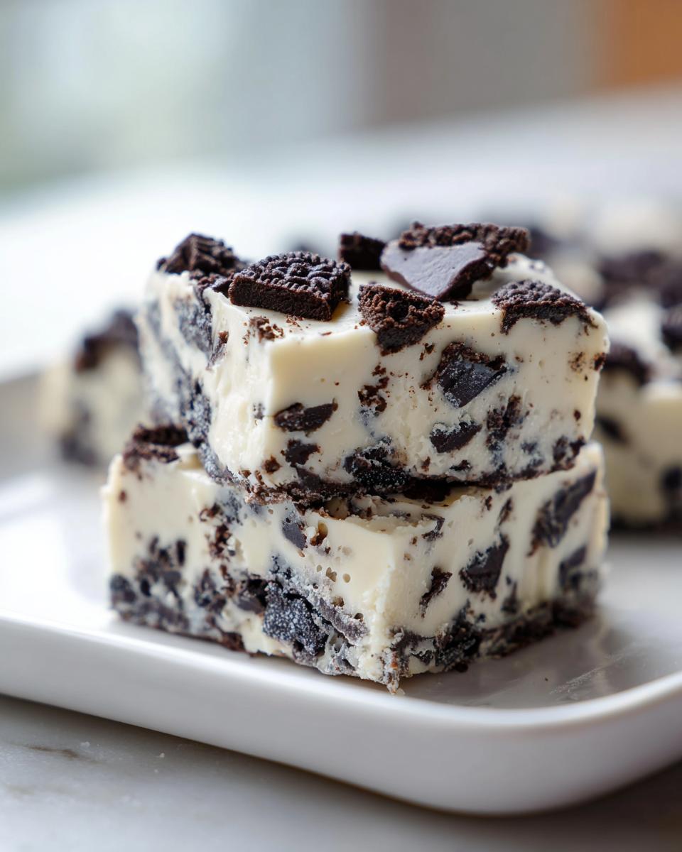 Two squares of creamy white Oreo fudge stacked on a white plate, loaded with dark chocolate cookie chunks.