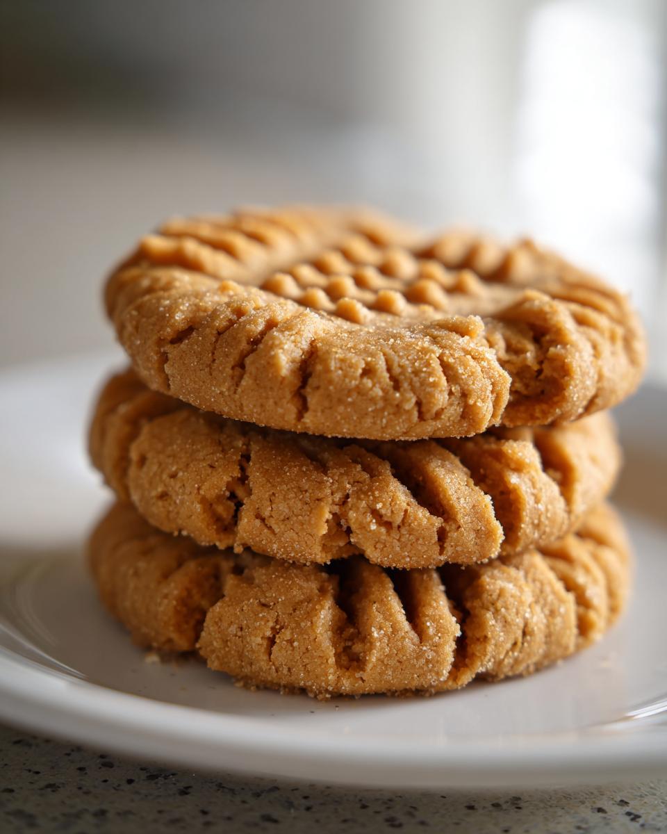 Close-up of three stacked, golden brown peanut butter cookies showing classic crisscross fork marks.