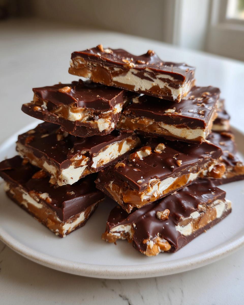 A stack of rich chocolate peanut butter pretzel bark pieces showing layers of chocolate, caramel, and marshmallow.