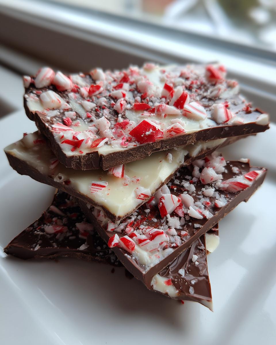 Four stacked pieces of dark and white chocolate peppermint bark recipe topped with crushed candy canes.