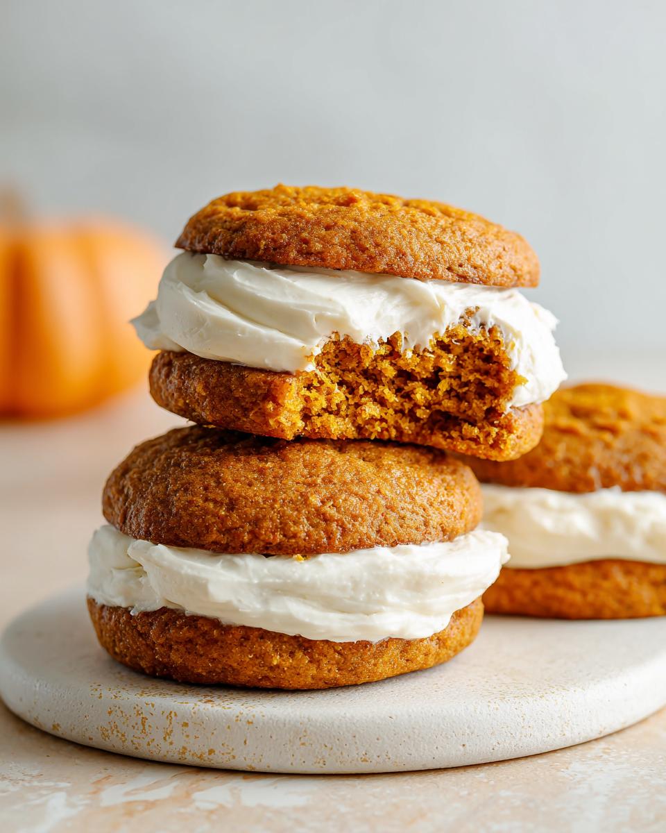 Two stacked pumpkin cookie sandwiches filled with thick cream cheese frosting, one cookie bitten into.