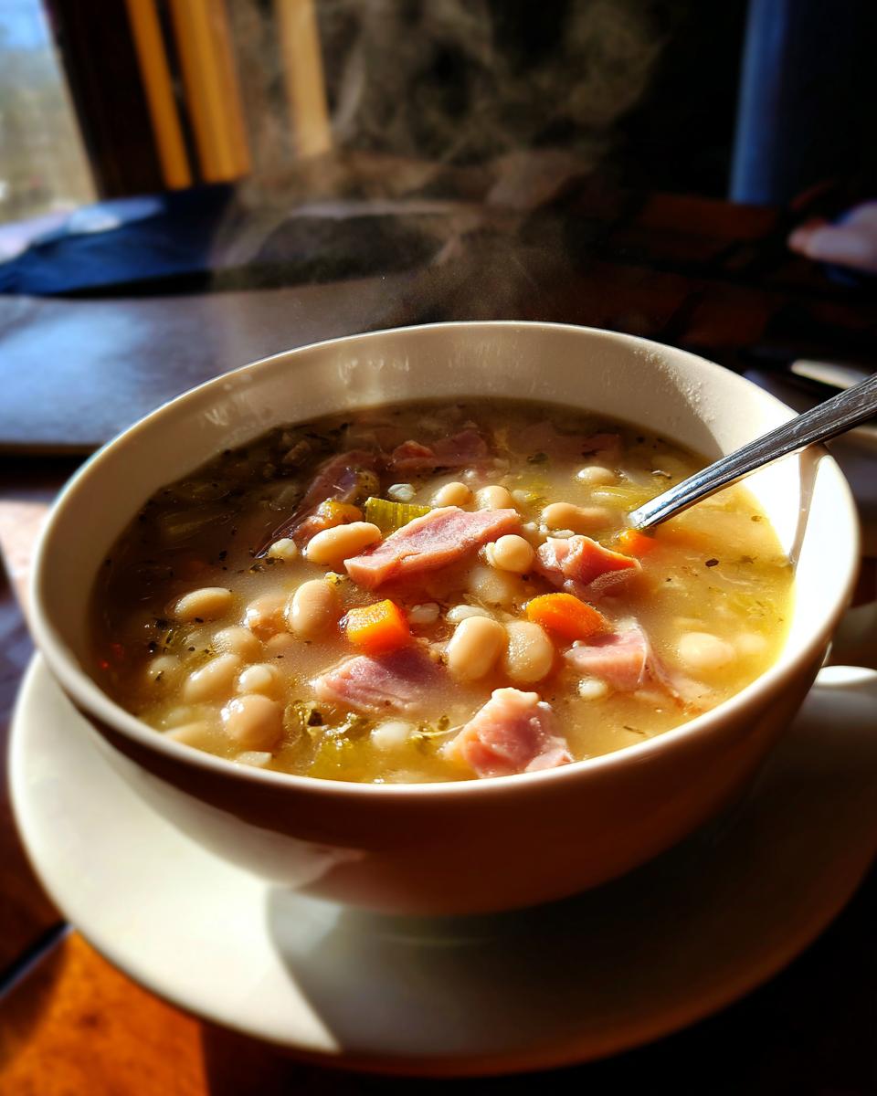 A steaming hot bowl of amazing 1 bean soup featuring white beans, chunks of ham, and carrots, served indoors.