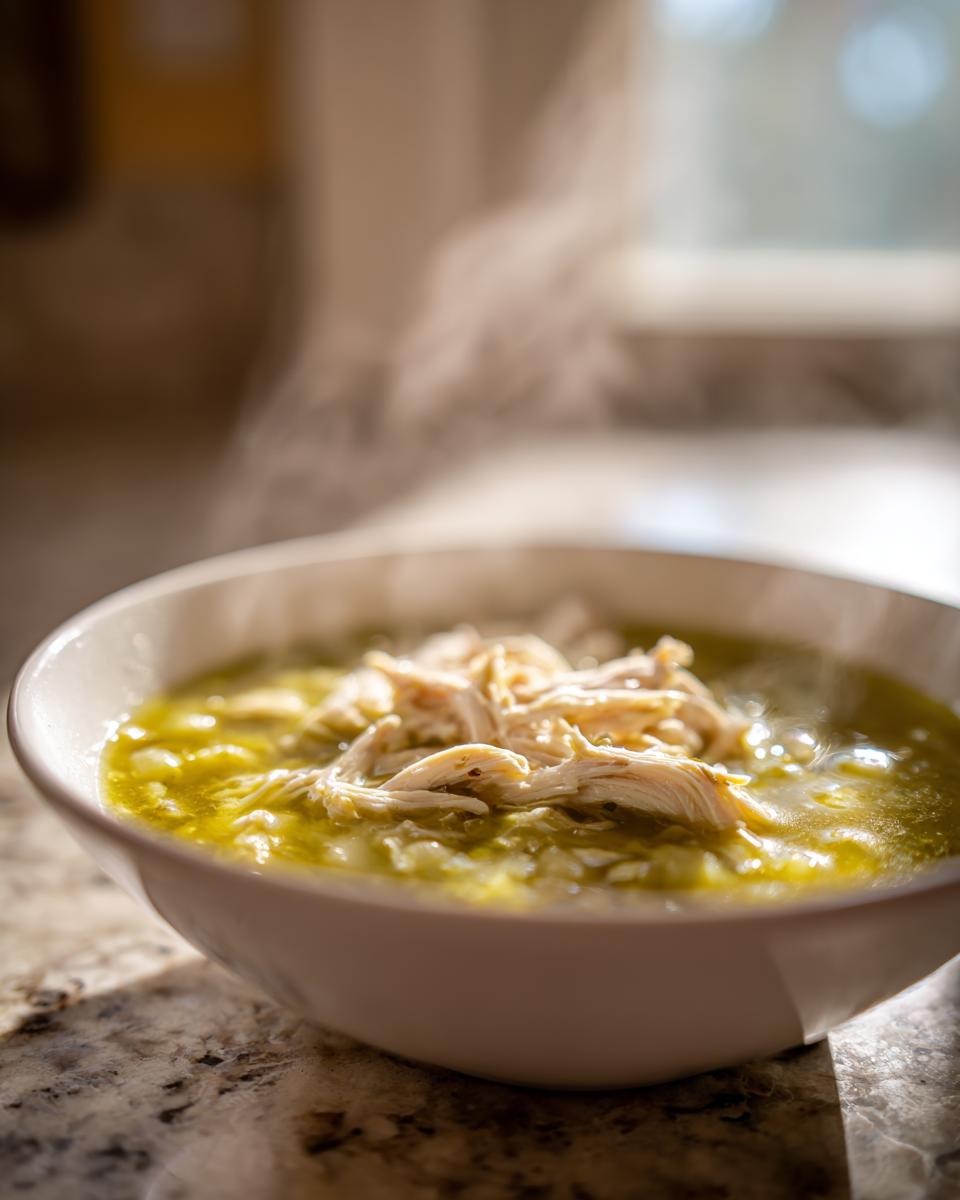 A close-up of a steaming white bowl filled with green chicken pozole, topped generously with shredded chicken.