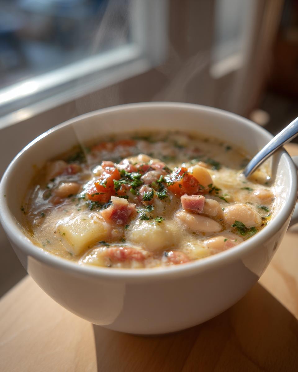 Close-up of a steaming white bowl filled with creamy bean soup, featuring white beans, potatoes, and ham chunks.