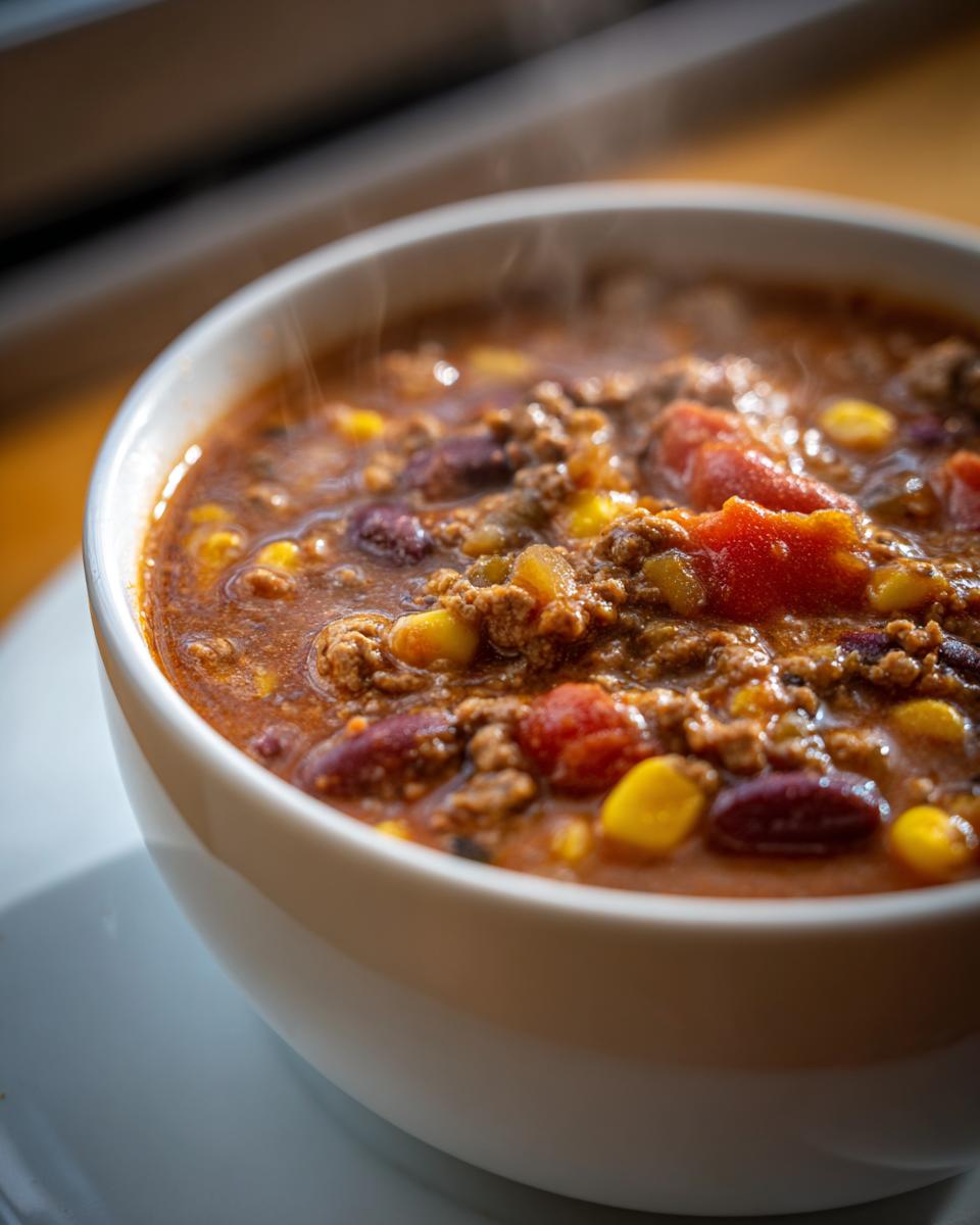 Close-up of a steaming white bowl filled with hearty crockpot cowboy soup featuring ground beef, corn, and kidney beans.