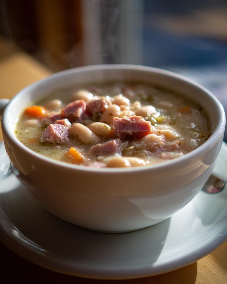 Close-up of a steaming white bowl filled with creamy ham and white bean soup, featuring visible chunks of ham and carrots.