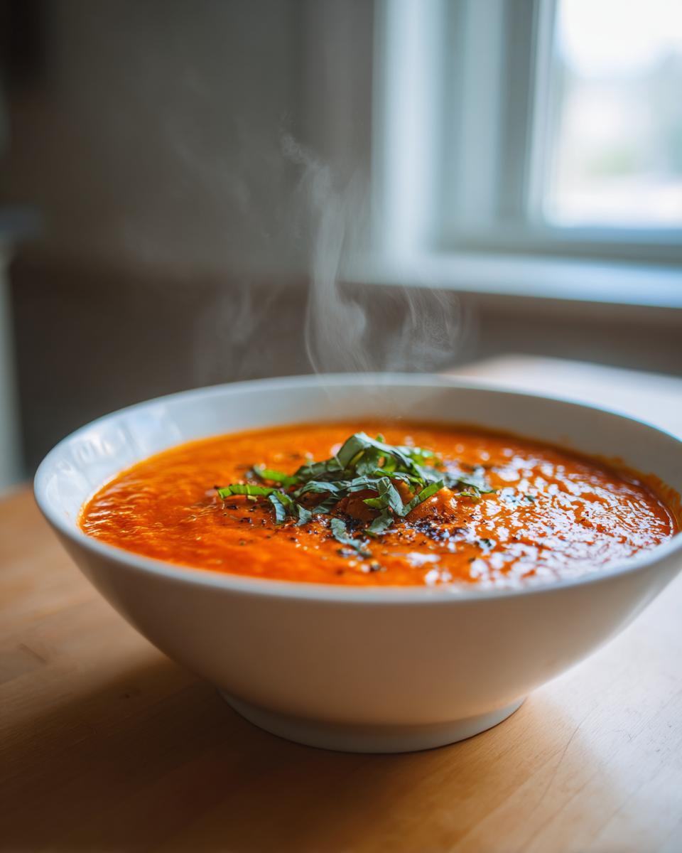 A steaming white bowl filled with vibrant orange roasted tomato soup, garnished with fresh basil.