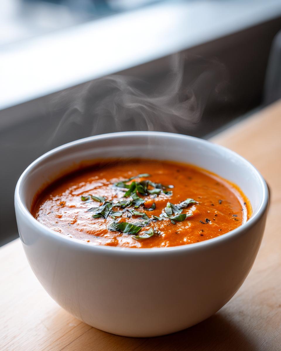Close-up of a steaming white bowl filled with vibrant orange roasted tomato soup, topped with fresh chopped basil.