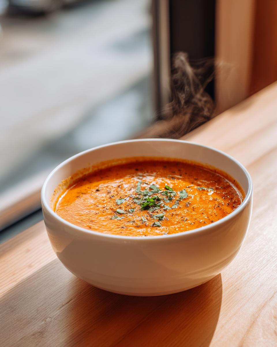 A steaming white bowl filled with creamy, orange-red roasted tomato soup, garnished with fresh herbs.