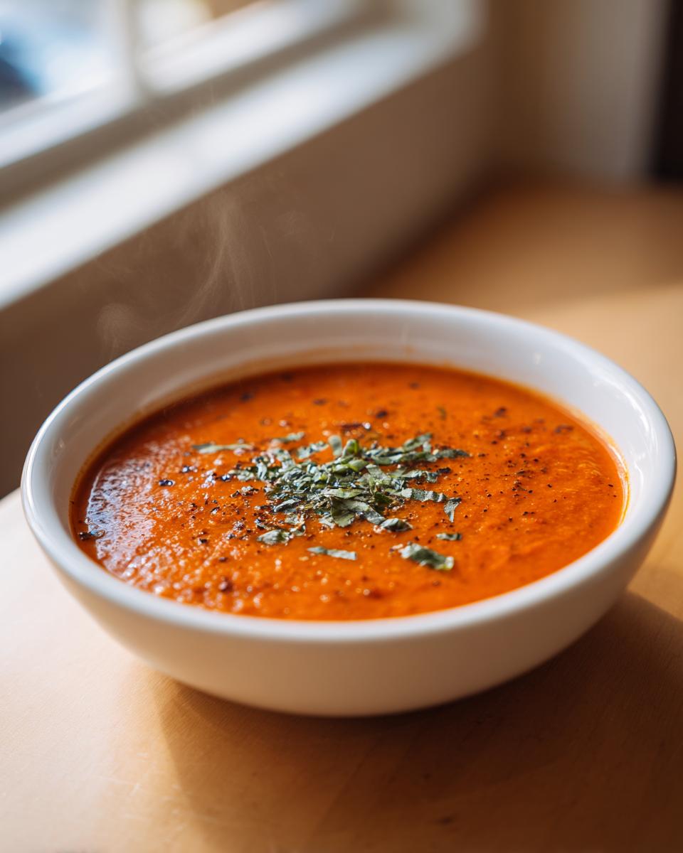 Close-up of a steaming white bowl filled with vibrant orange roasted tomato soup, topped with fresh herbs.