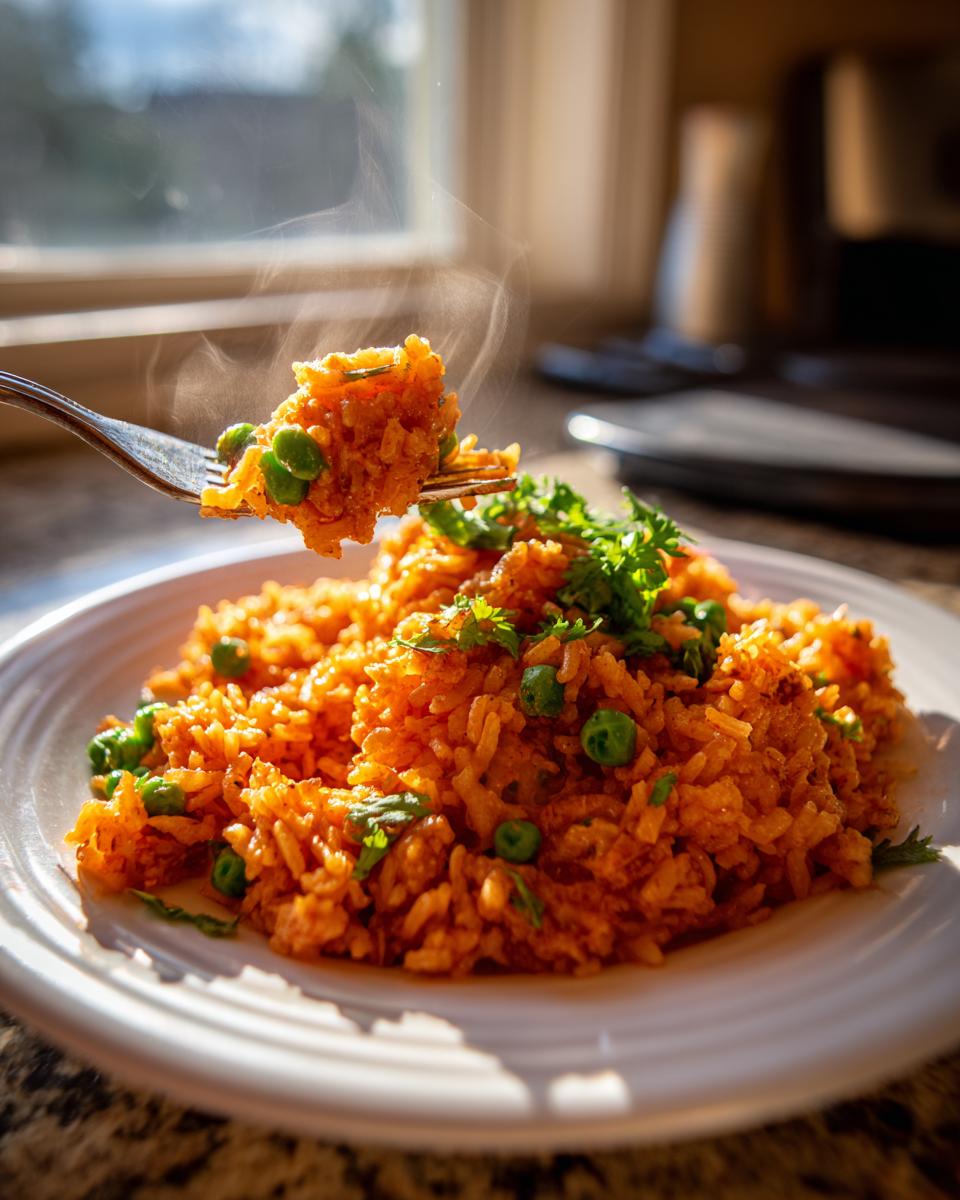 A fork lifts a steaming portion of flavorful orange spanish rice mixed with green peas from a white plate.