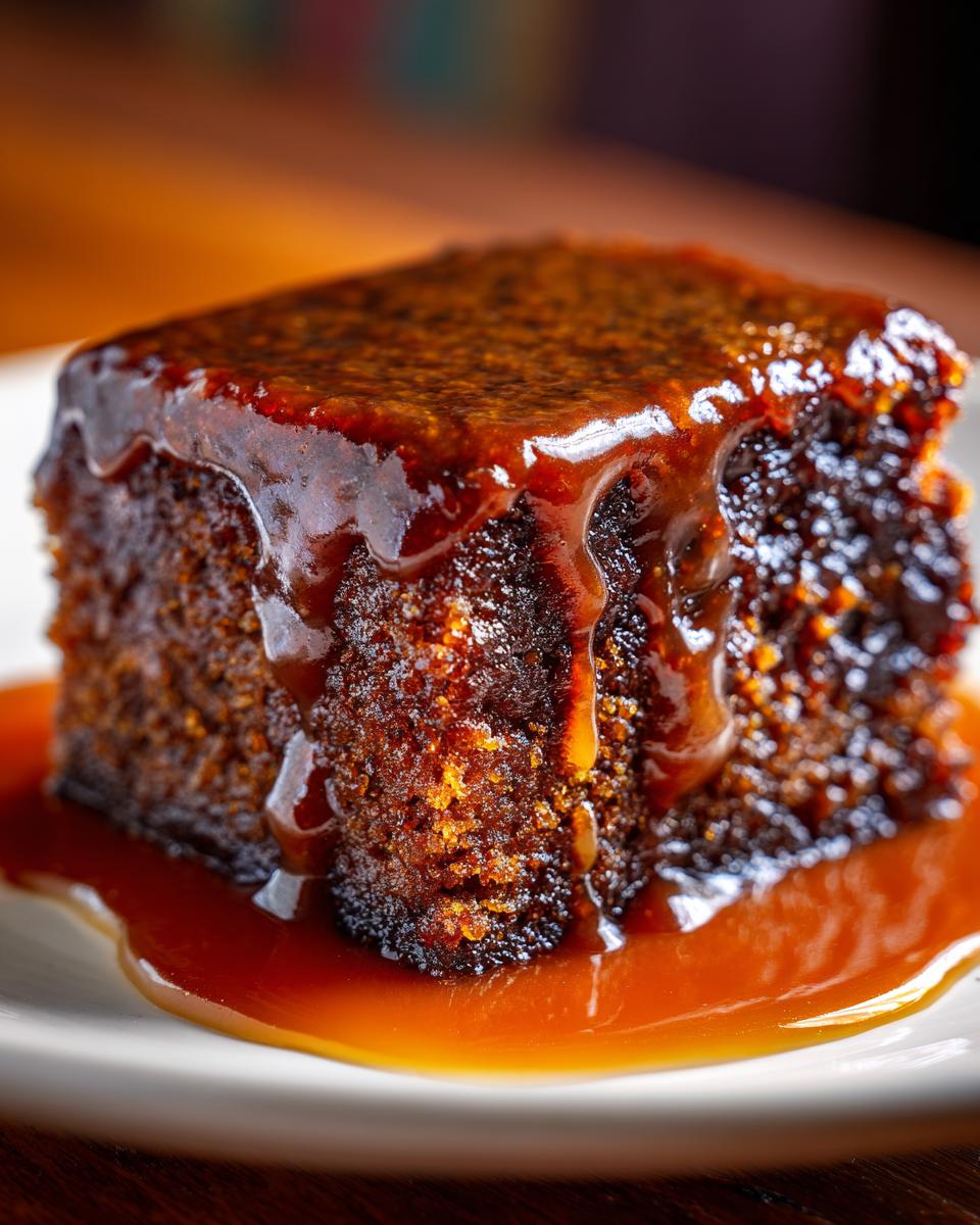A close-up, macro shot of a square slice of rich, dark sticky toffee pudding recipe covered in thick, glossy toffee sauce.
