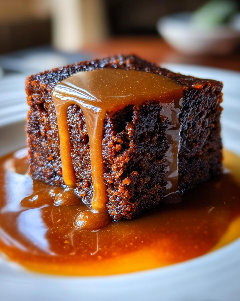 Close-up of a square slice of dark, moist sticky toffee pudding recipe drowning in rich toffee sauce.