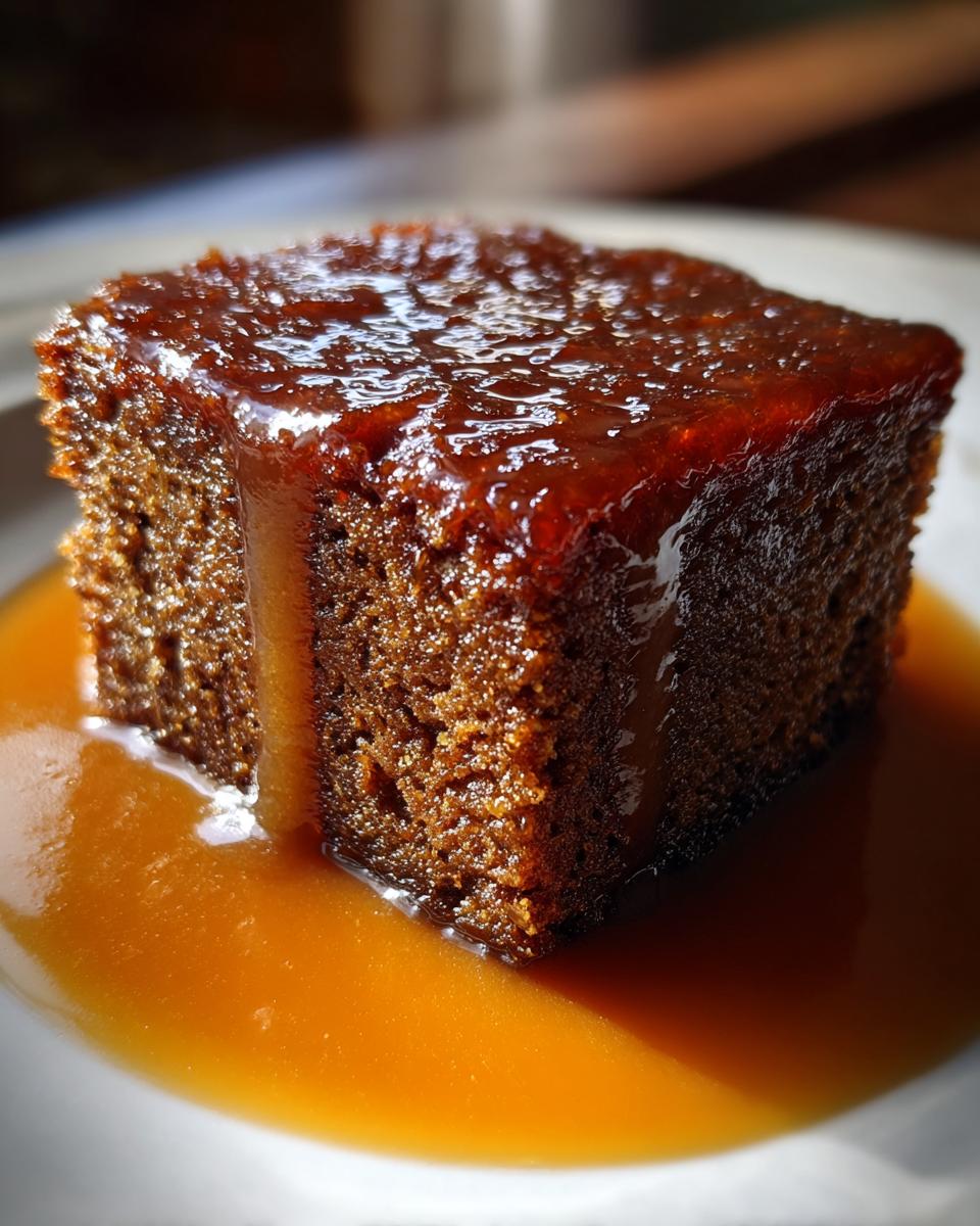 Close-up of a square portion of moist sticky toffee pudding recipe drenched in rich toffee sauce.