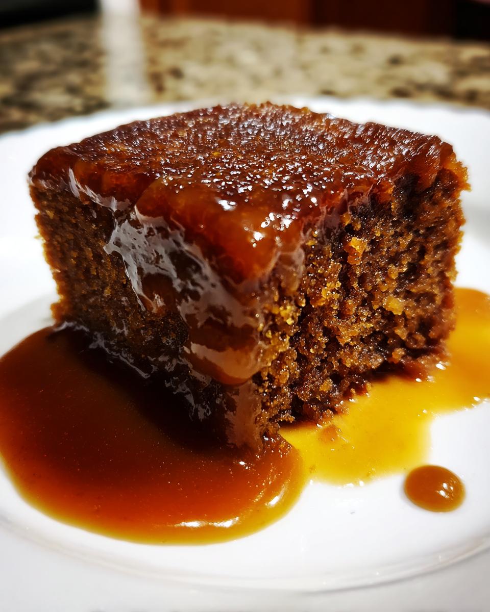 A close-up of a square slice of rich, dark sticky toffee pudding recipe, generously covered in glossy toffee sauce.