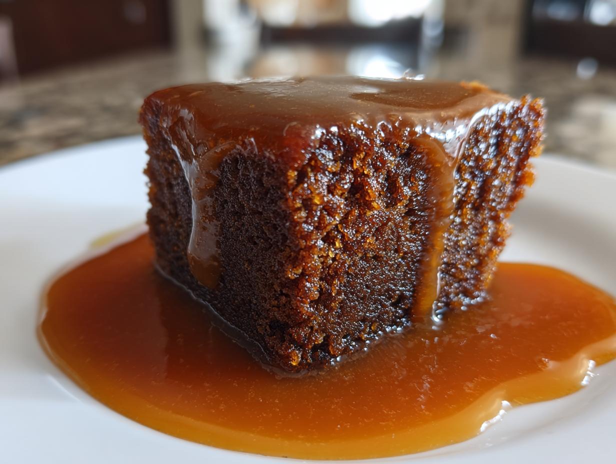 Close-up of a square slice of dark, moist sticky toffee pudding drenched in rich toffee sauce.