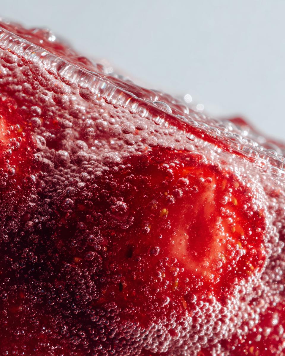 Extreme close-up of a bright red strawberry submerged in liquid covered in tiny bubbles, suggesting preparation for freezer jam.
