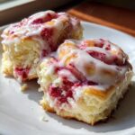Two halves of a fluffy Strawberry Cheesecake Sweet Rolls drizzled generously with white cream cheese icing.