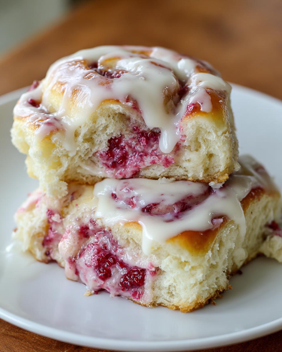 Two stacked Strawberry Cheesecake Sweet Rolls, cut open to show the bright red filling and drizzled with thick white cream cheese icing.