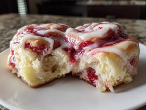Close-up of a soft, fluffy Strawberry Cheesecake Sweet Roll broken open, drizzled with white icing.