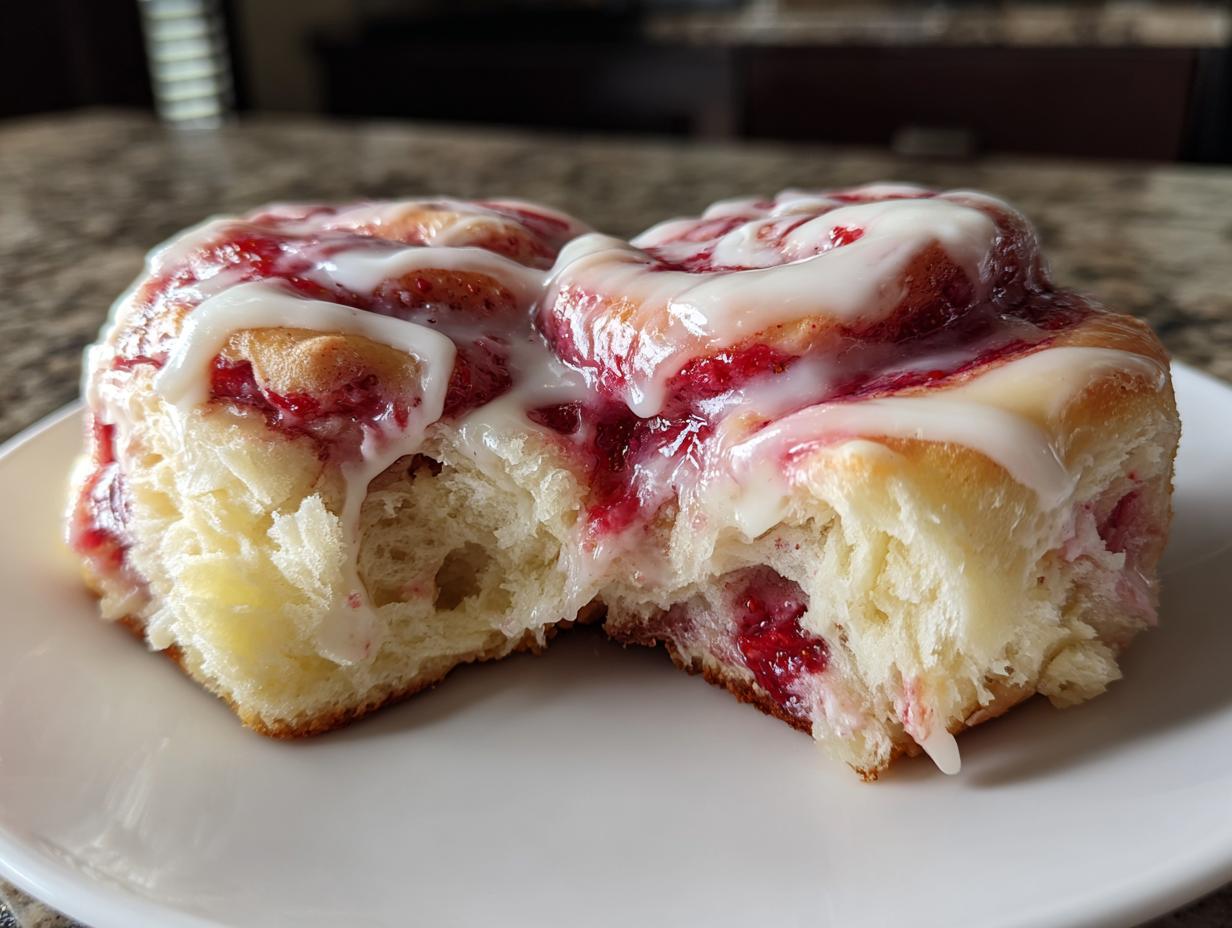 Close-up of a soft, fluffy Strawberry Cheesecake Sweet Roll broken open, drizzled with white icing.