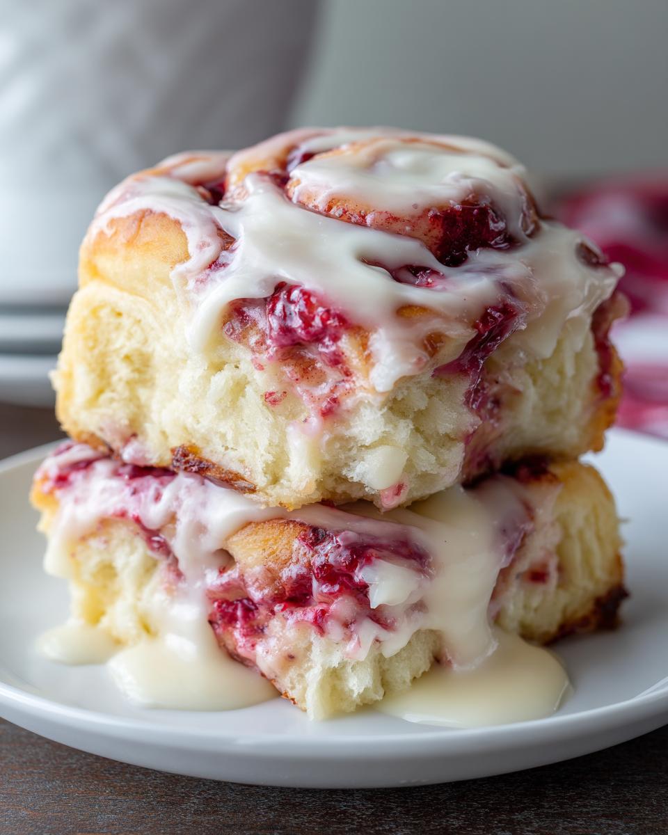Two stacked, fluffy Strawberry Cheesecake Sweet Rolls covered in thick cream cheese icing and bright red strawberry filling.
