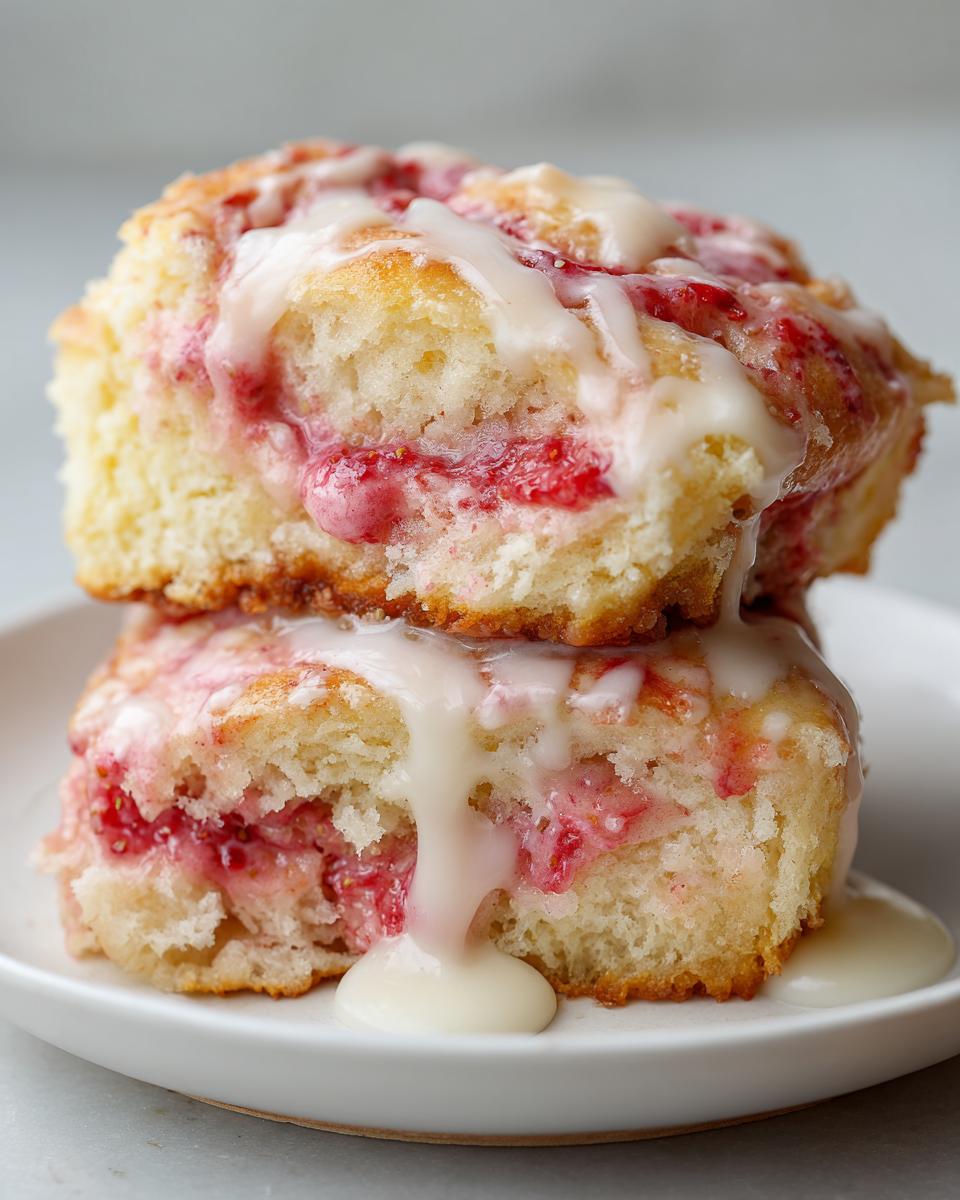 Two stacked Strawberry Cheesecake Sweet Rolls, split open to show strawberry filling and drizzled with thick cream cheese glaze.