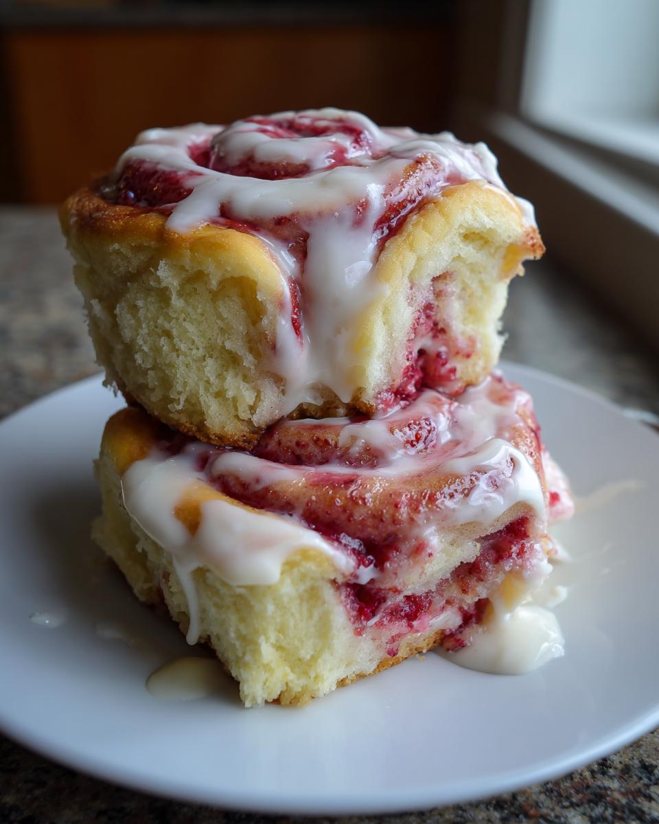 Two stacked Strawberry Cheesecake Sweet Rolls covered in thick, white cream cheese icing, showing the pink strawberry filling.