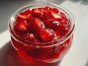 Close-up of bright red strawberry freezer jam with visible fruit chunks in a clear glass jar.